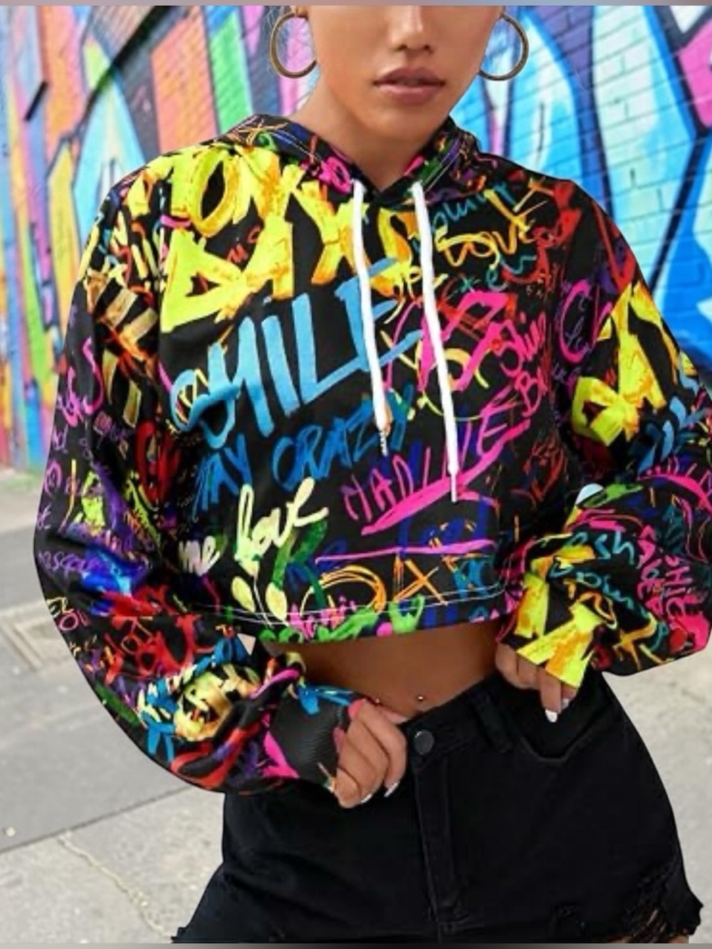 Graffiti Print Cropped Hoodie Y2K Inspired Streetwear. NWOT. Size M.